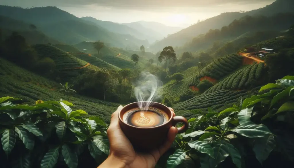 Steaming cup of Araku Valley coffee with a plantation backdrop.