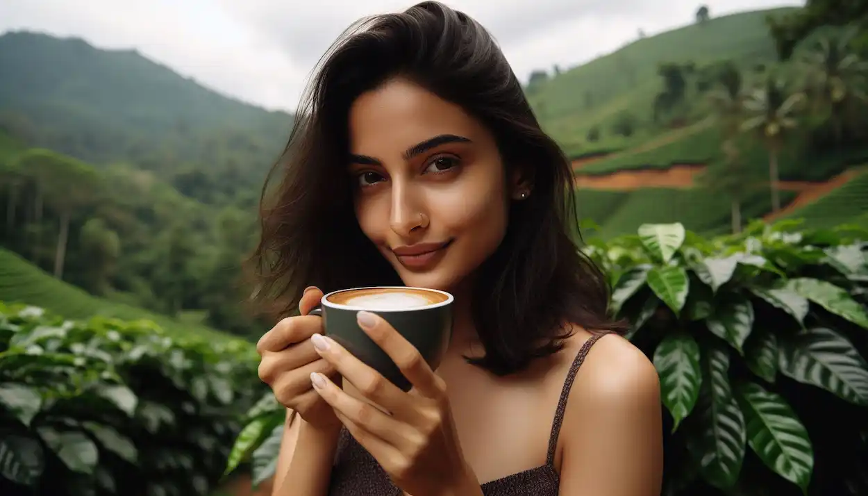 Steaming cup of Araku Valley coffee with a plantation backdrop.