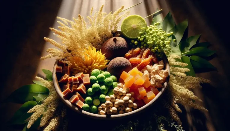 Close-up of Ugadi Pachadi ingredients arranged in a bowl: neem flowers, tamarind, jaggery.