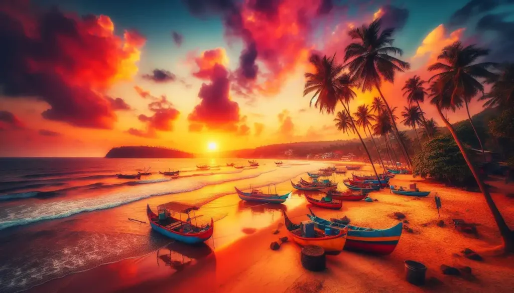 Goa beach at sunset, colorful fishing boats, palm trees.