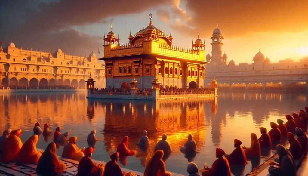 The Golden Temple in Amritsar, Punjab, bathed in the warm glow of sunset.