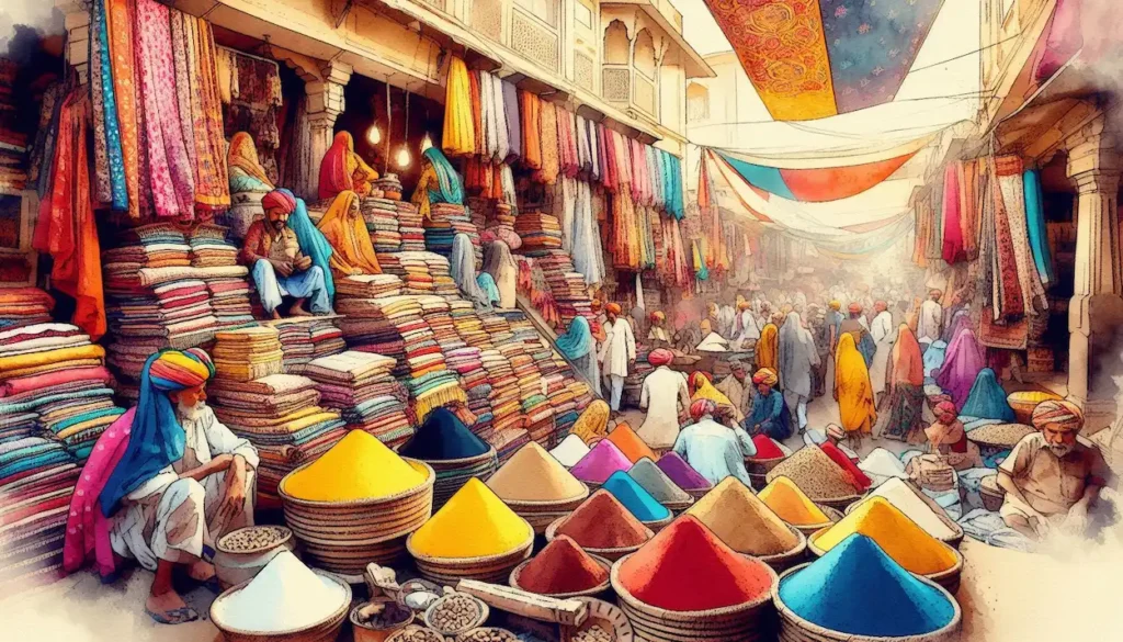 Rajasthani market with colorful fabrics, spices, and locals in traditional dress.