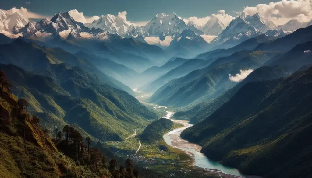 Himalayan mountains in Sikkim India with snow peaks and green valleys