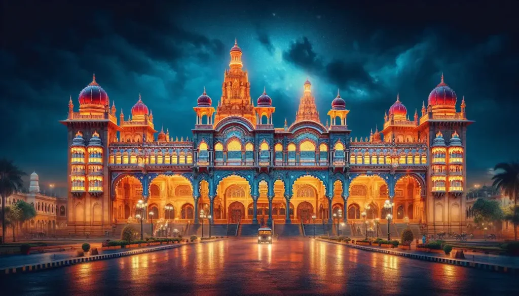 Mysore Palace illuminated at night, showcasing intricate architecture and grand facade.