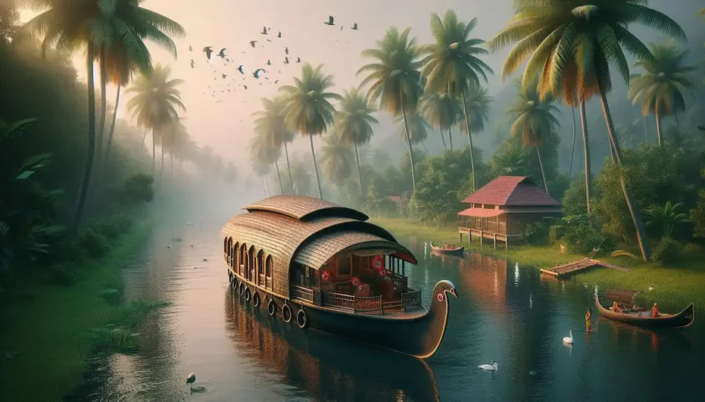 Houseboat cruising on Kerala backwaters with palm trees and birds