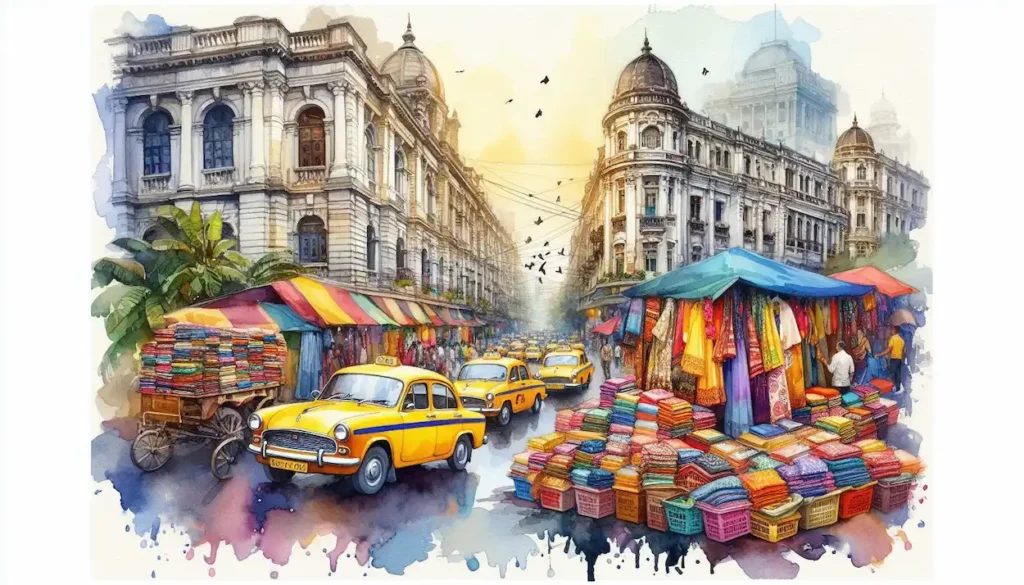 Colorful Kolkata street scene with colonial buildings, yellow taxis, and a market stall.