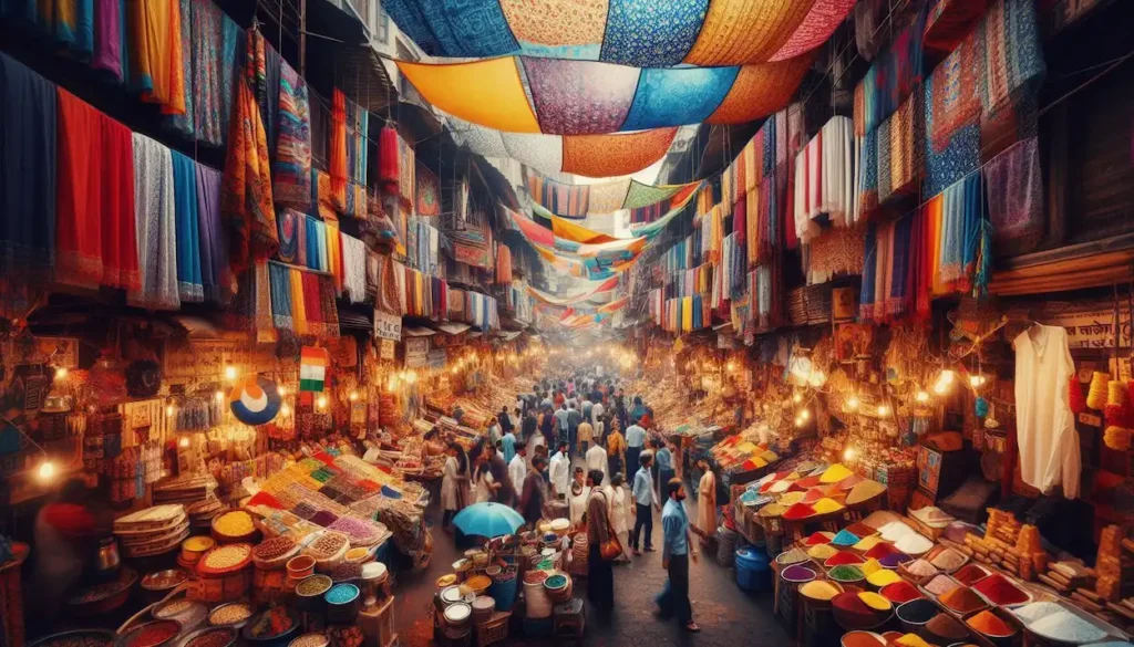 Vibrant market in Mumbai, India, with colorful fabrics and souvenirs.