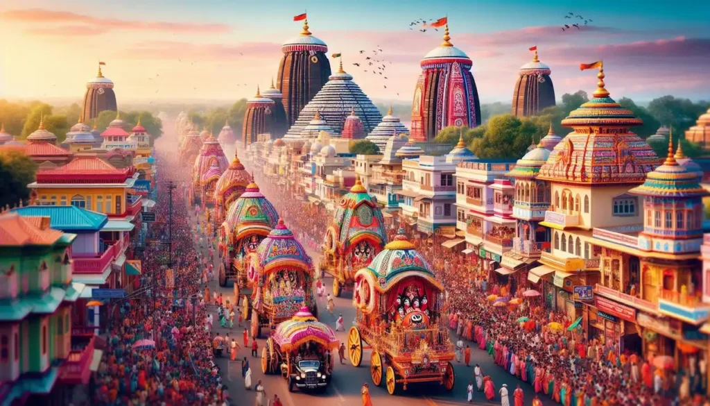 Crowds celebrating Rath Yatra festival in Puri, Odisha, colorful chariots, Jagannath Temple.