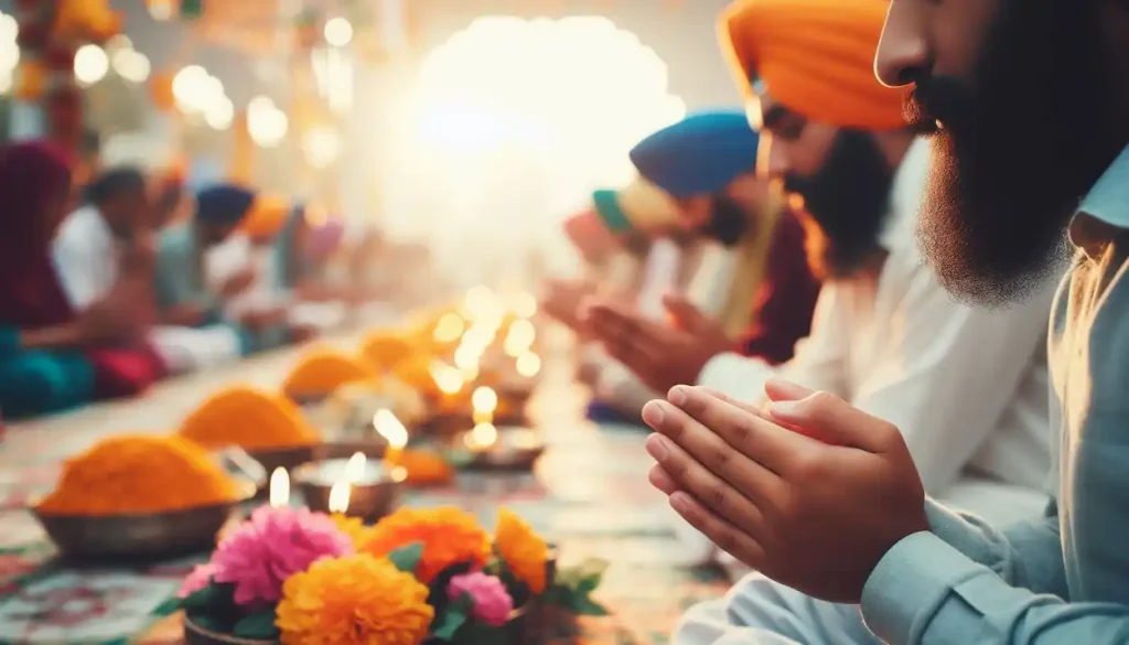 A Sikh family praying inside a colorful gurdwara.