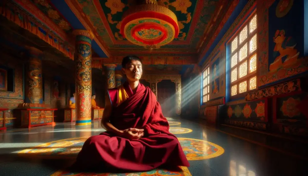 Buddhist monk meditating in ornate Sikkim monastery