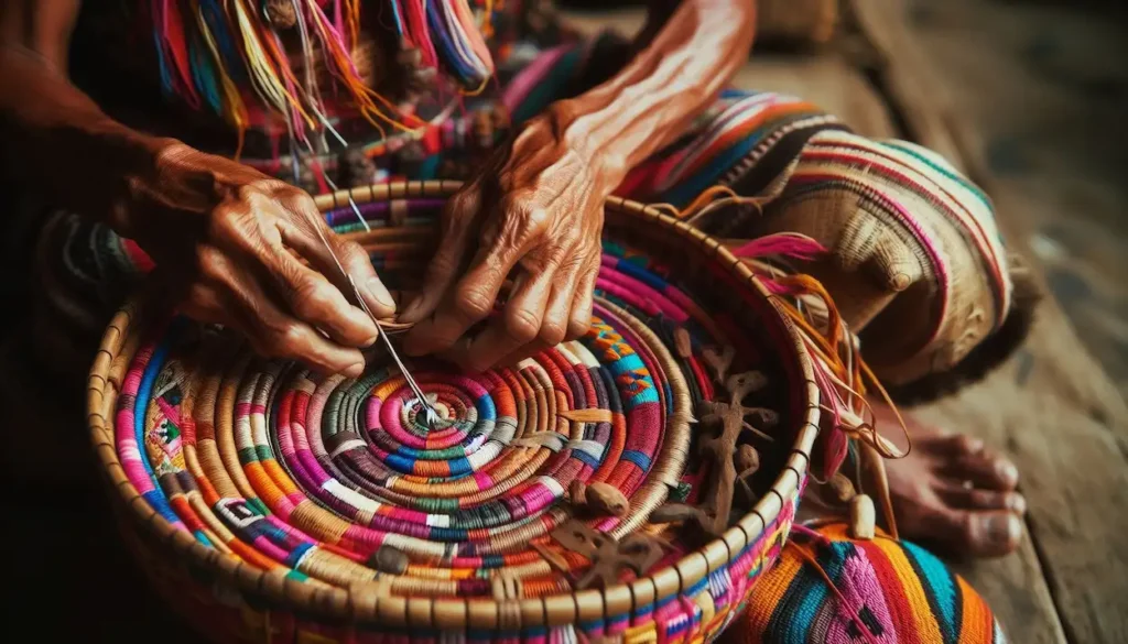 Close-up of tribal artisan weaving a basket, Chhattisgarh