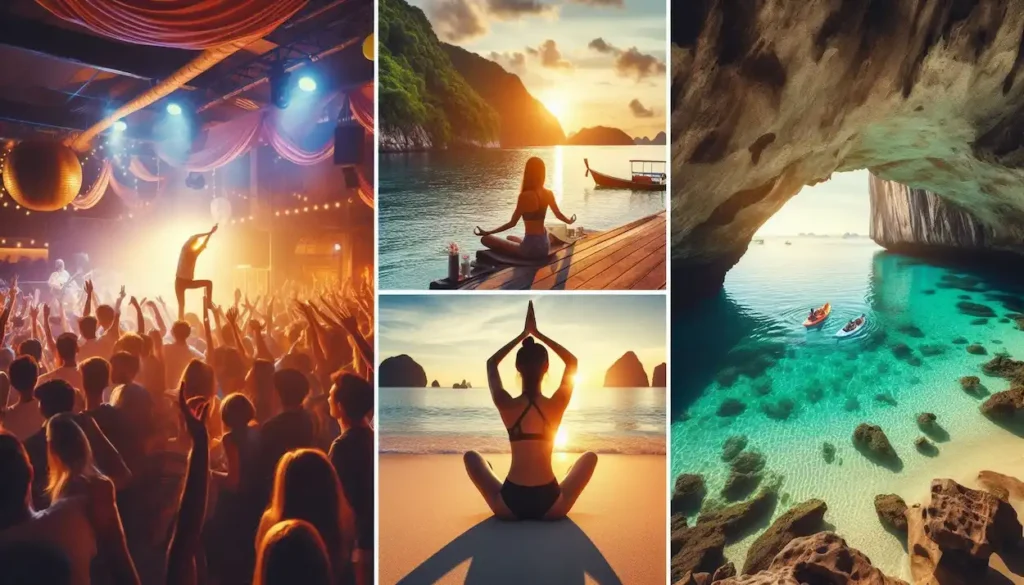 Goa beach collage – party scene, secluded cove, beach yoga. • Title: Goa: Beaches for Every Mood