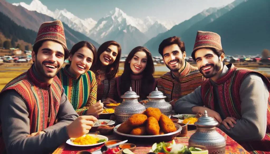 Tourists in colorful Kashmiri attire enjoying a traditional Wazwan feast with mountains in the background.