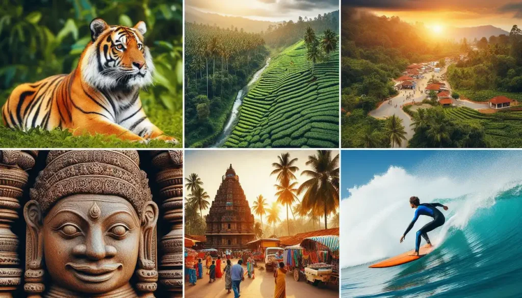 A collage showcasing Karnataka's diverse attractions: tiger in Kabini, coffee plantation, Mysore Market, Hoysala temple carvings, beach surfer.