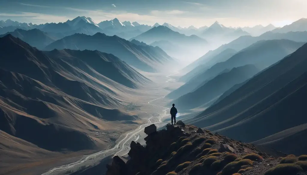 Trekker admiring mountain vista in Ladakh, Himalayas