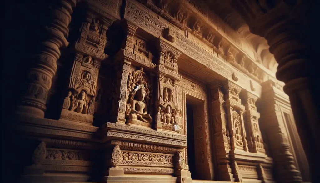 Close-up of intricate carvings on Ajanta Caves, Maharashtra