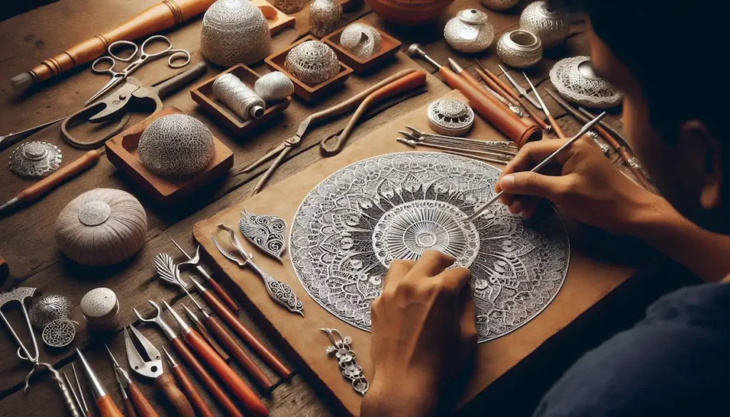 Odia artisan meticulously crafting silver filigree artwork, Odisha, India.