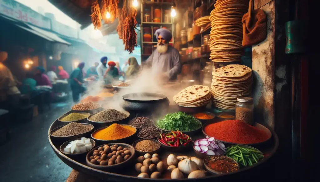 A Punjabi street food stall overflowing with spices and fresh parathas.