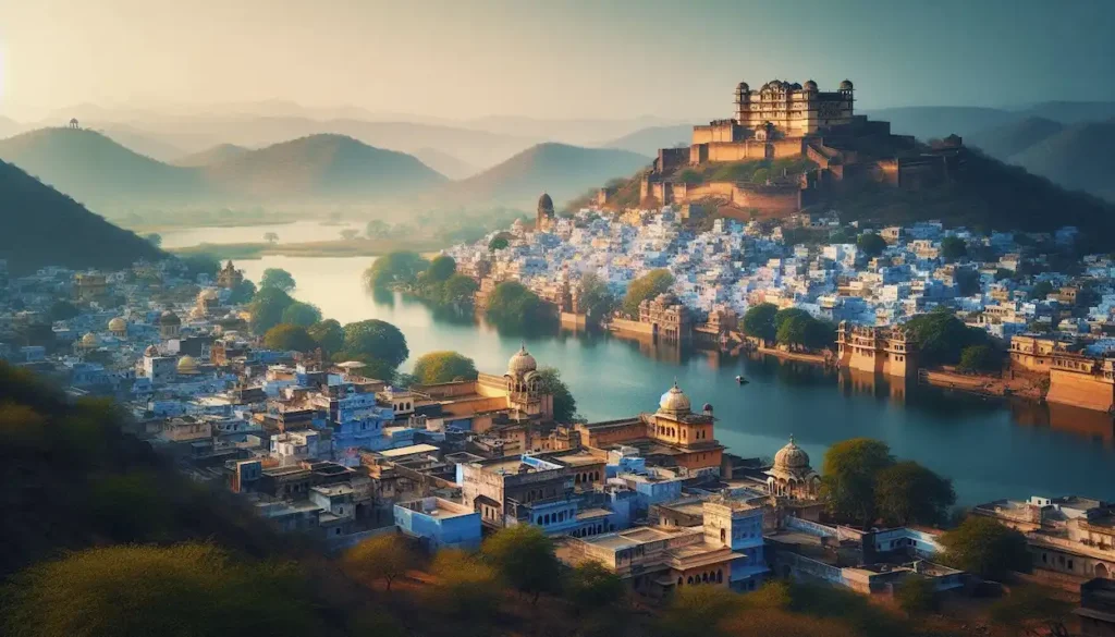 Panoramic view of Bundi, Rajasthan, with blue houses, lake, and hilltop palace.