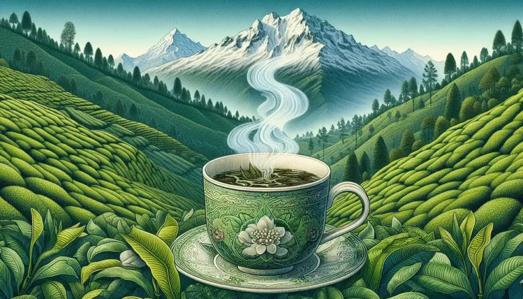 Lush green tea plantations with Himalayan peaks and a cup of Darjeeling tea.