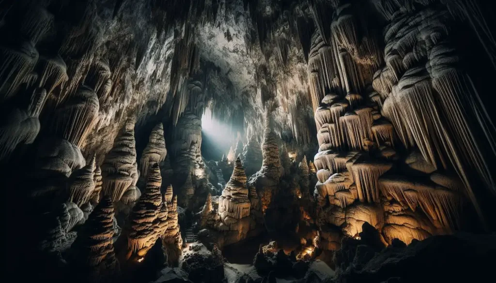 Intricate stalactites and stalagmites inside Borra Caves, Araku Valley