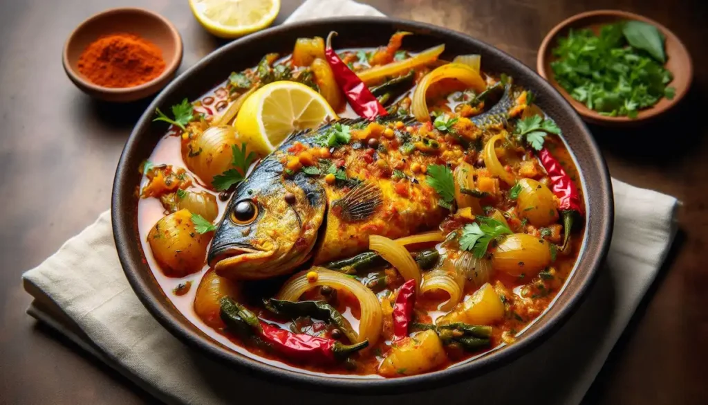 Close-up of Goan fish curry with spices and vegetables.