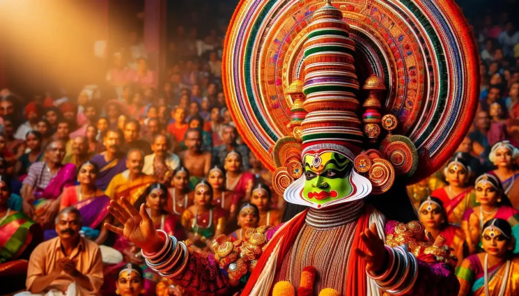 Kathakali dancers in traditional costumes and makeup