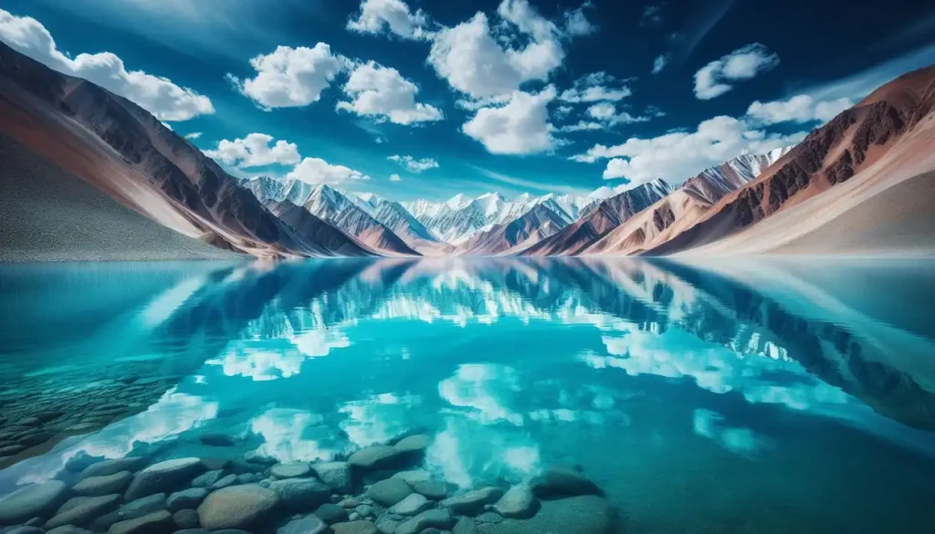 Pangong Lake Ladakh, turquoise water, snow-capped mountains