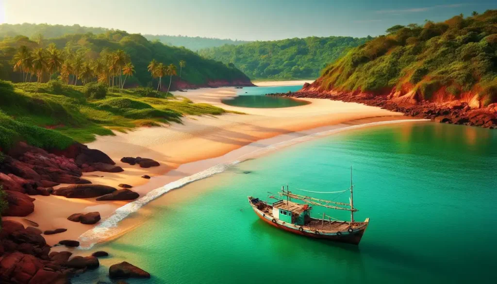 Secluded beach in Odisha, turquoise water, lush greenery, fishing boat.