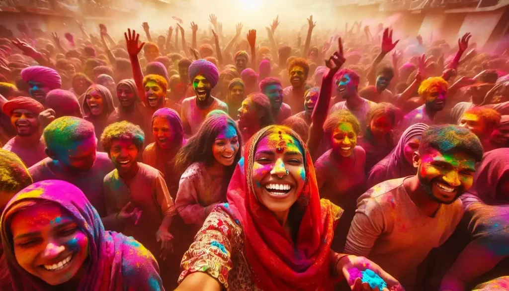 People celebrating Holi in Rajasthan, covered in vibrant colors, smiles, and laughter.