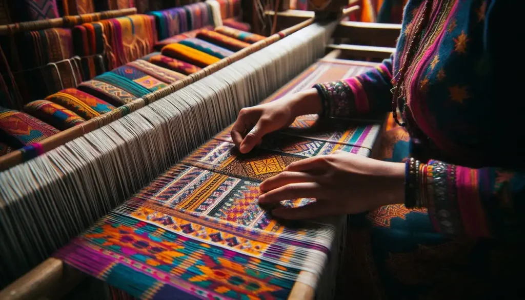 Traditional Sikkimese weaving close-up, hands on loom