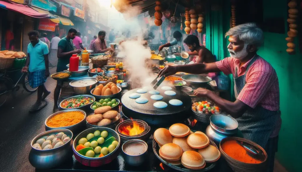 Tamil Nadu street food vendor preparing dosa and idli