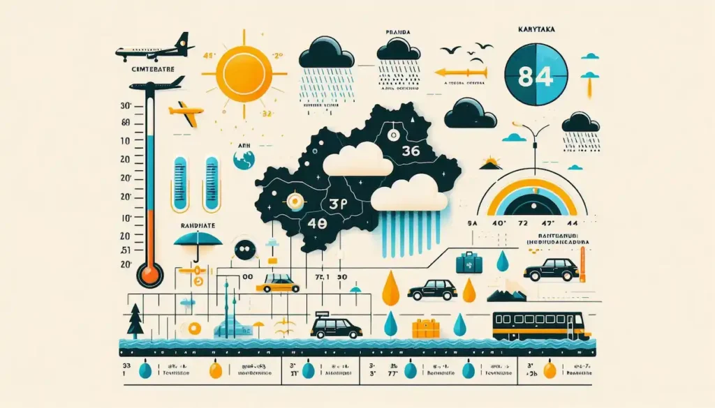 Karnataka weather chart with temperature, rainfall, icons for plane, train, car.