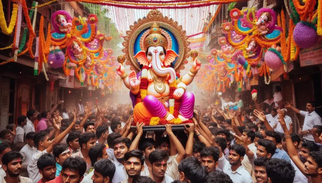 Ganesh Chaturthi festival in Maharashtra, colorful decorations, joyous crowd