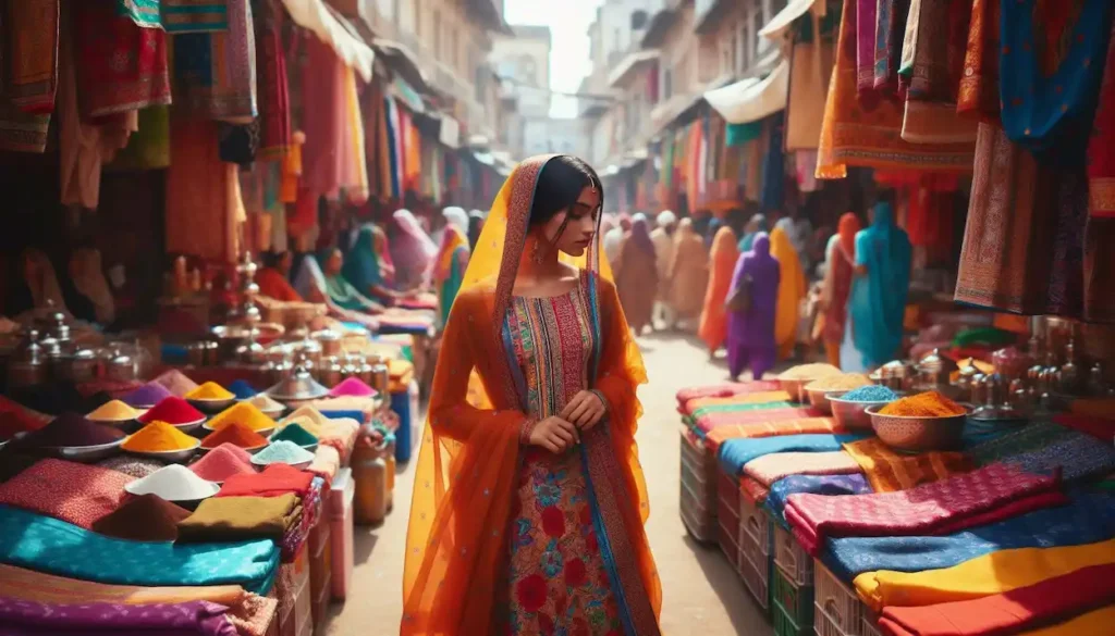 Punjabi woman in a brightly colored outfit walking through a bustling market.