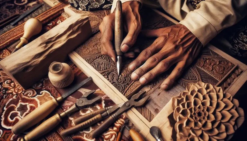 Close-up of Rajasthani artisan's hands working on a wood carving, intricate details.