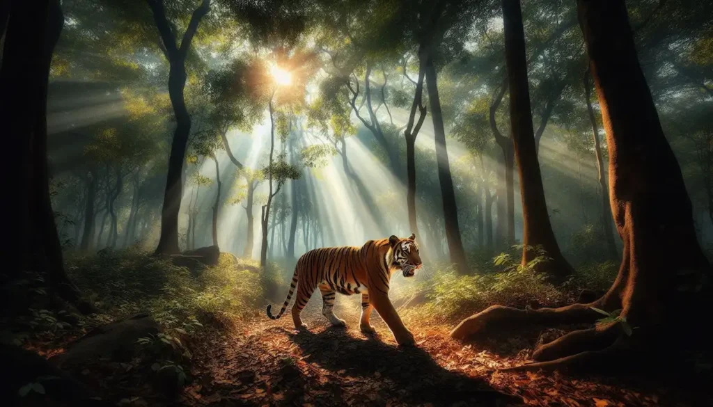 Tiger walking through Kanger Valley National Park, Chhattisgarh