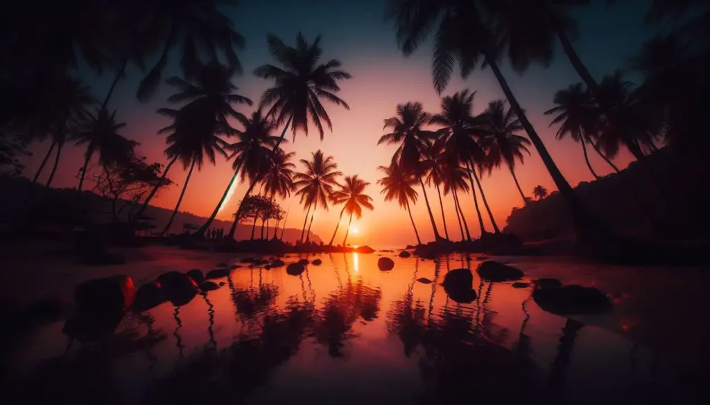 Sunset at Palolem Beach, Goa, with palm trees silhouetted.