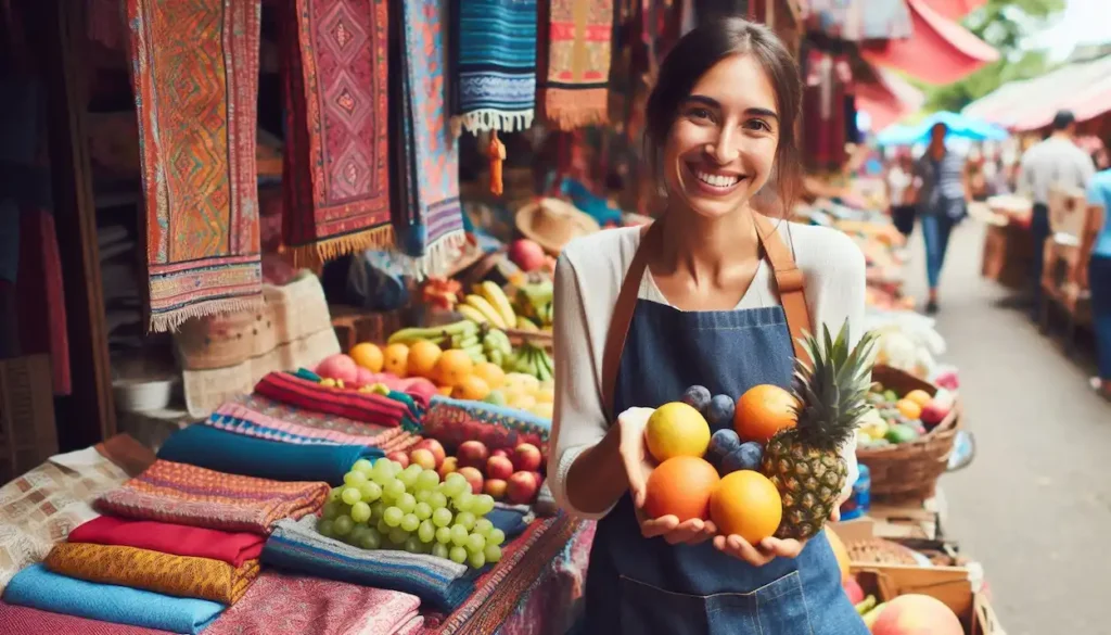 Smiling vendor in Karnataka market offering fresh fruit, colorful fabrics and handicrafts.