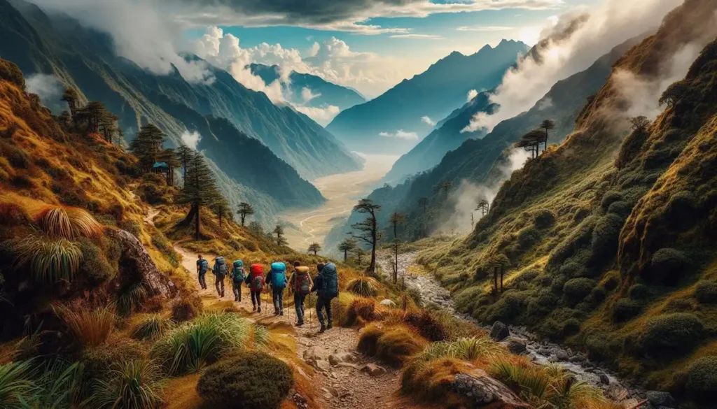 Hikers on a scenic trail in Sikkim Himalayas