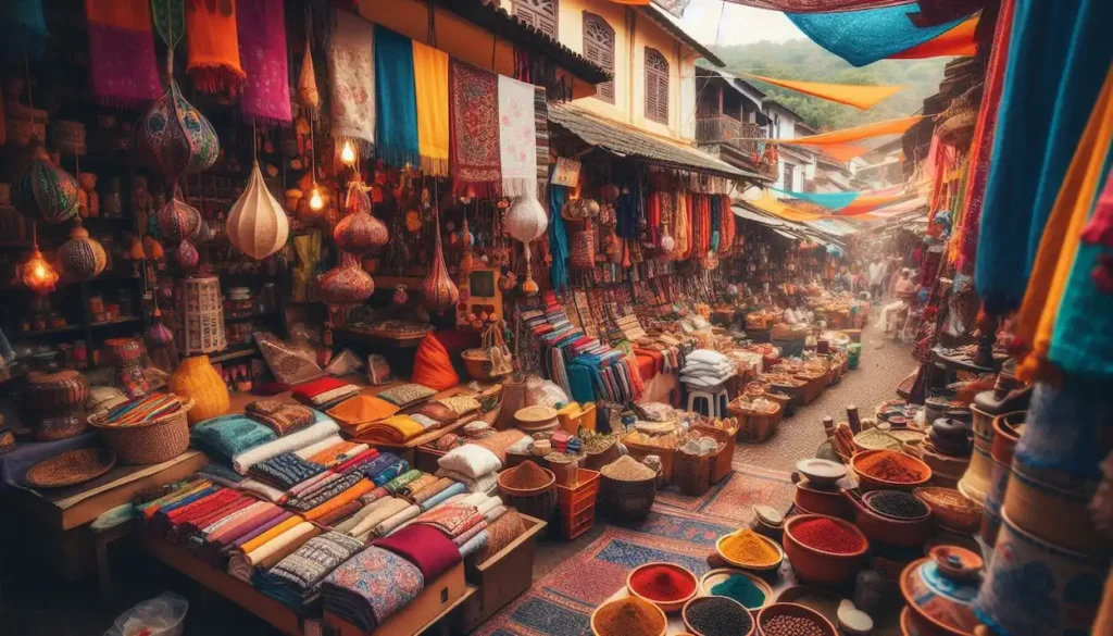 A vibrant Goan market with colorful fabrics, spices, and crafts.