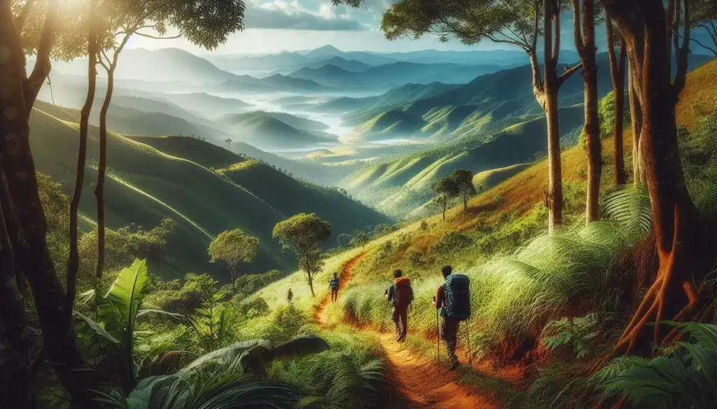 Hikers on a scenic Araku Valley trail with valley vistas.