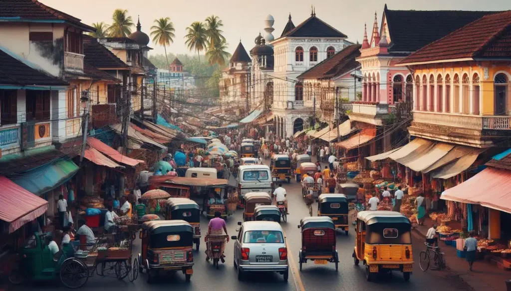 Busy street in Kochi with colonial architecture and rickshaws