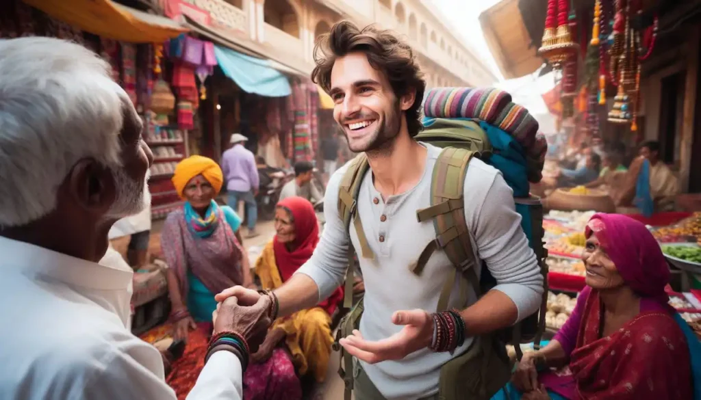 Traveler at Madhya Pradesh market, friendly locals