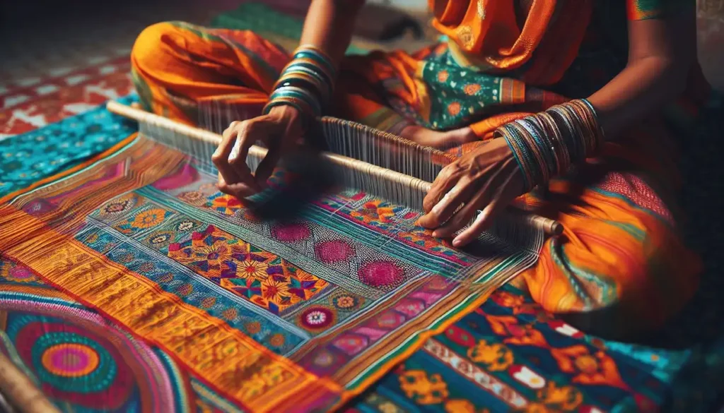 Maharashtrian artisan weaving a Paithani sari, vibrant colors, intricate patterns