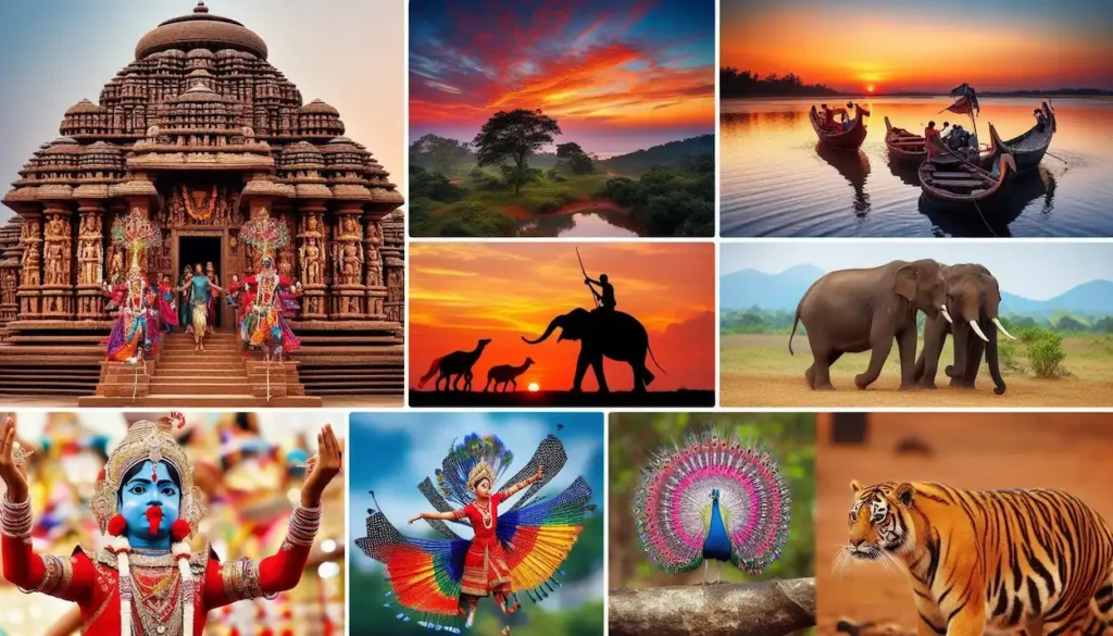 Collage showcasing Odisha's diverse attractions: temple, tribal dance, beach sunset, wildlife.