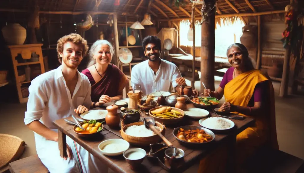 Family enjoying a meal at a Tamil village homestay