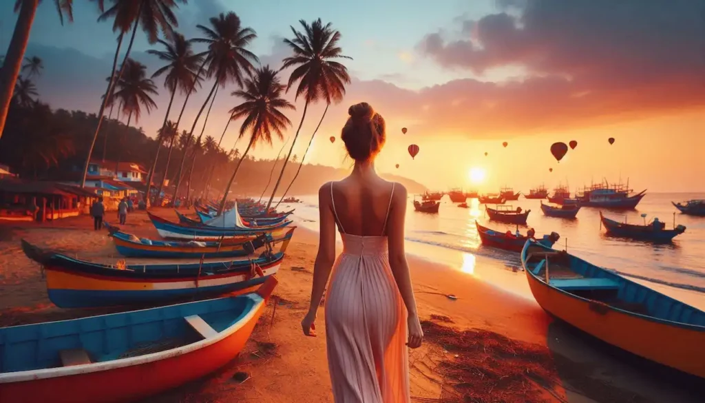 Goa beach at sunset, colorful fishing boats, palm trees.