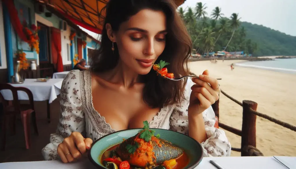 Close-up of Goan fish curry with spices and vegetables.