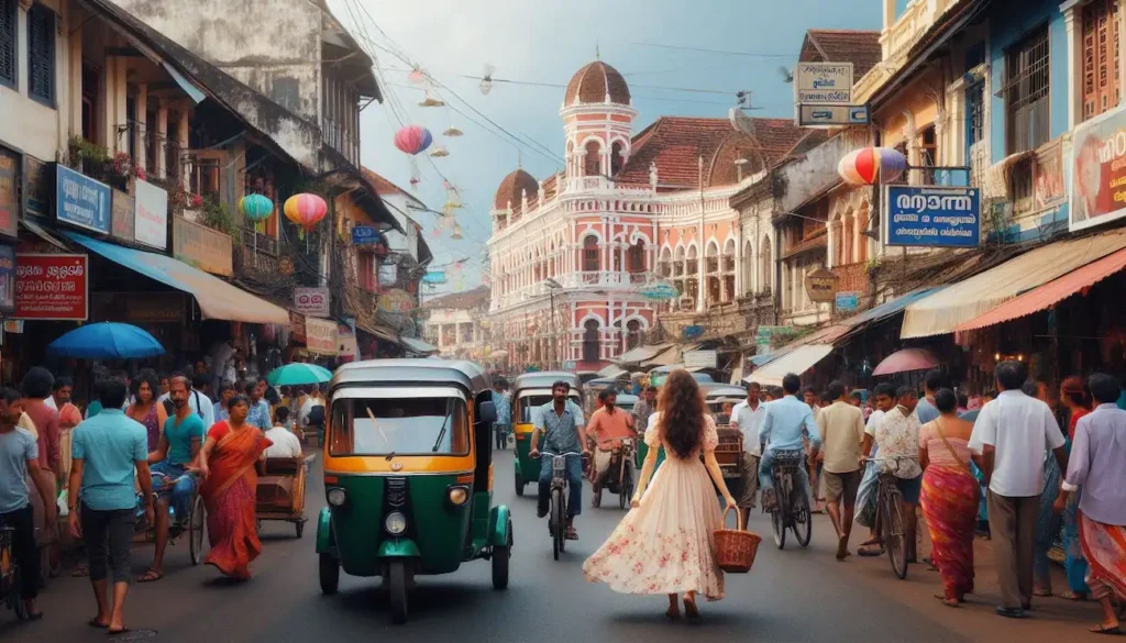 Busy street in Kochi with colonial architecture and rickshaws